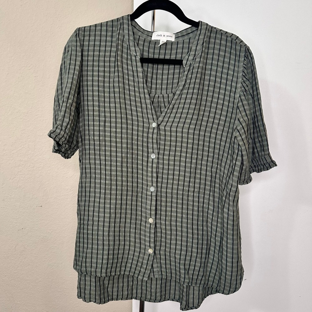 Cloth & Stone Anthropologie Womens XL Green Plaid Rayon Linen Short Sleeve Top